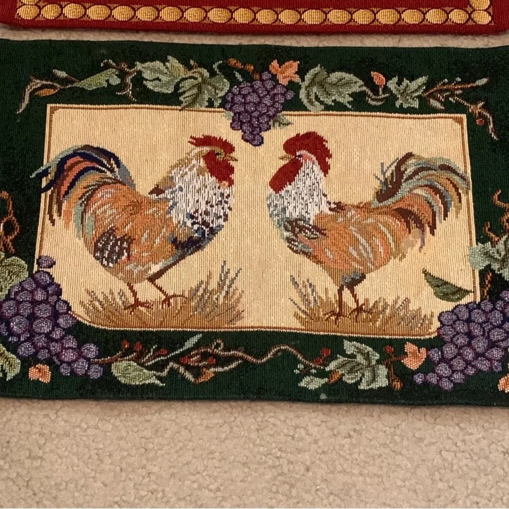 Rooster Woven Tapestry Two Placemats Red Green Farm Farmhouse Chickens